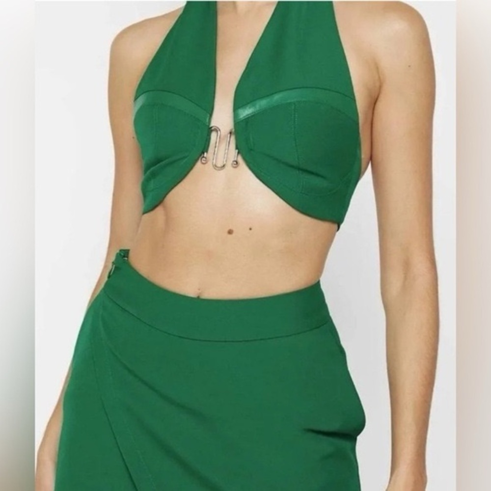 MANIERE DE VOIR Green Halter Crop Top Faux Leather Trim Silver Hardware UK6 US2